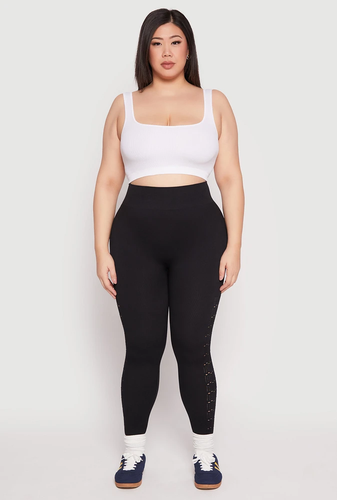 Womens Plus Size Side Laser Cut Seamless Leggings, Black, Size 2X-3X