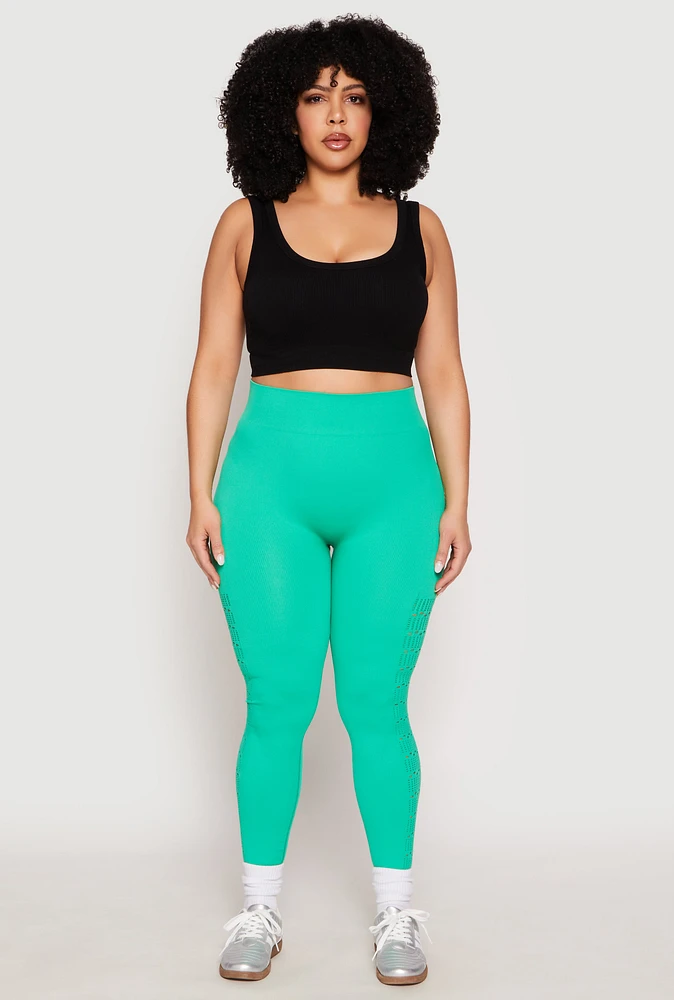 Womens Plus Size Side Laser Cut Seamless Leggings, Green, Size 1X-2X