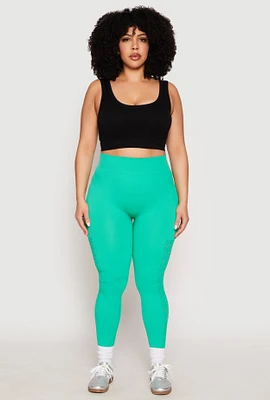 Womens Plus Size Side Laser Cut Seamless Leggings, Green, Size 1X-2X