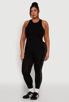 Womens Plus Size High Waisted Greek Key Side Stripe Leggings, Black, Size 1X-2X