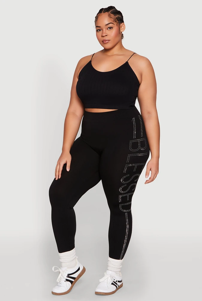 Womens Plus Size Rhinestone Blessed Seamless Leggings, Black, Size 2X-3X