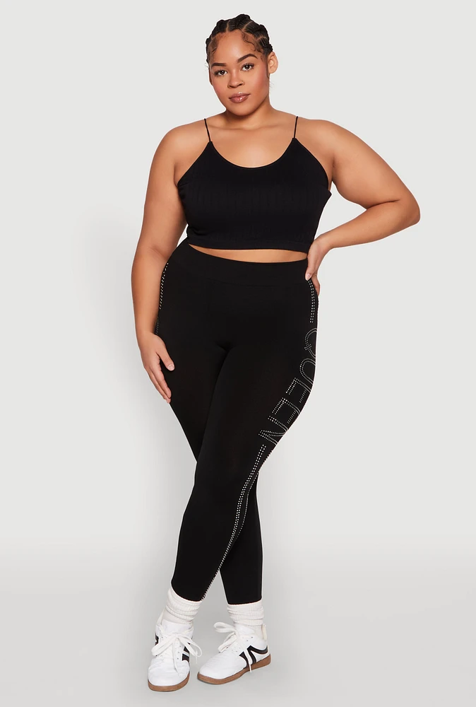 Womens Plus Size Queen Rhinestone Seamless Leggings, Black, Size 1X-2X