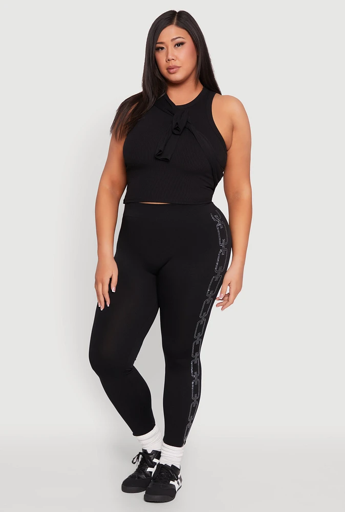 Womens Plus Size Chain Link Rhinestone Seamless Leggings, Black, Size 1X-2X