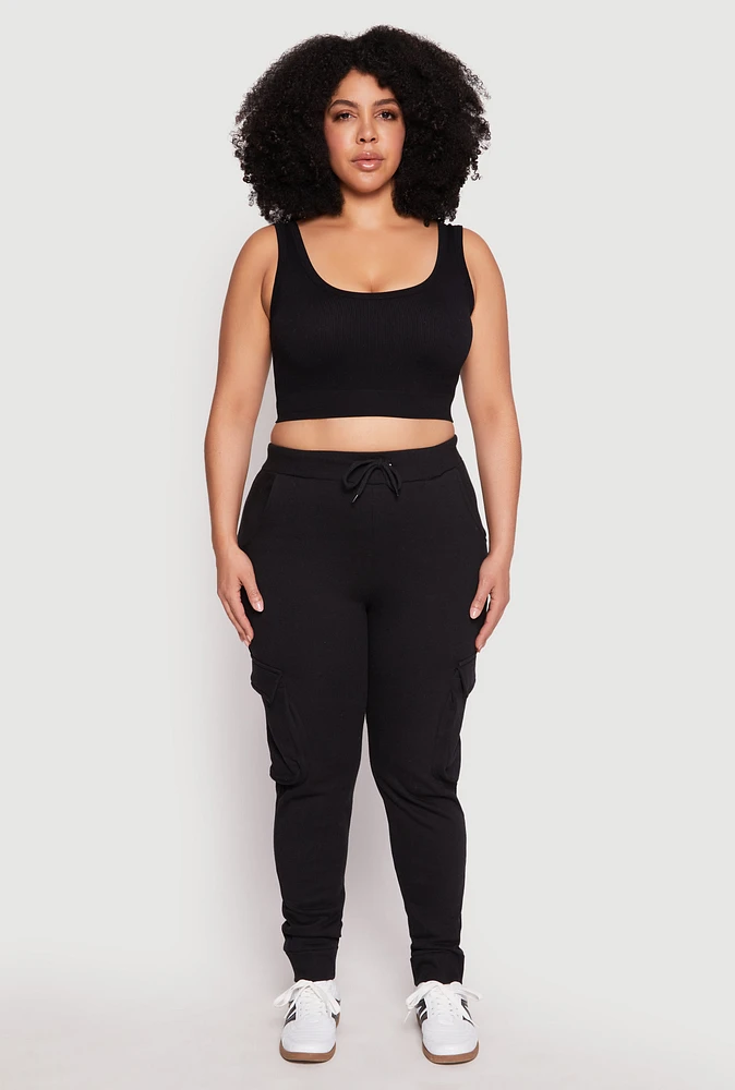 Womens Plus Cargo Pocket High Waisted Joggers, Black,