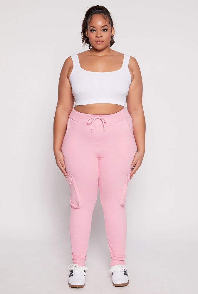 Womens Plus Size Cargo Pocket High Waisted Joggers, Pink, Size 3X