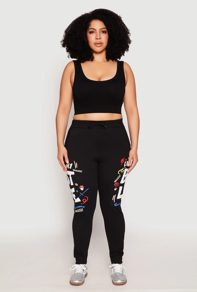 Womens Plus Size Living My Best Life Fleece Joggers, Black, Size 3X