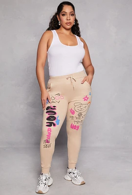 Womens Plus Size Graphic Print Drawstring Joggers, Khaki, Size 2X