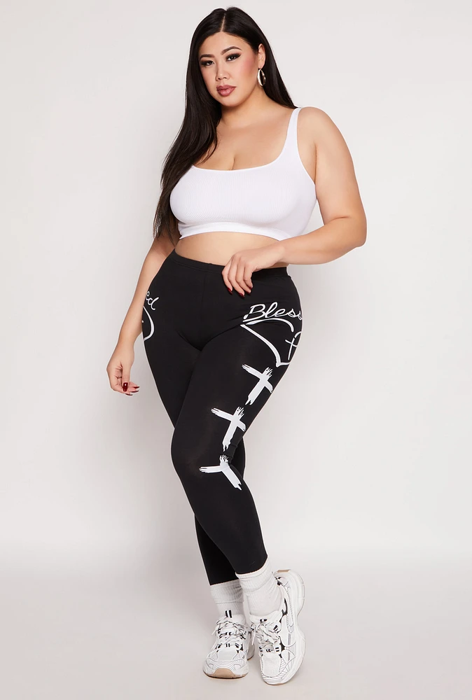 Womens Plus Size Blessed Cross Print Leggings, Black, Size 1X