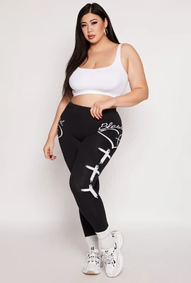 Womens Plus Size Blessed Cross Print Leggings, Black, Size 1X