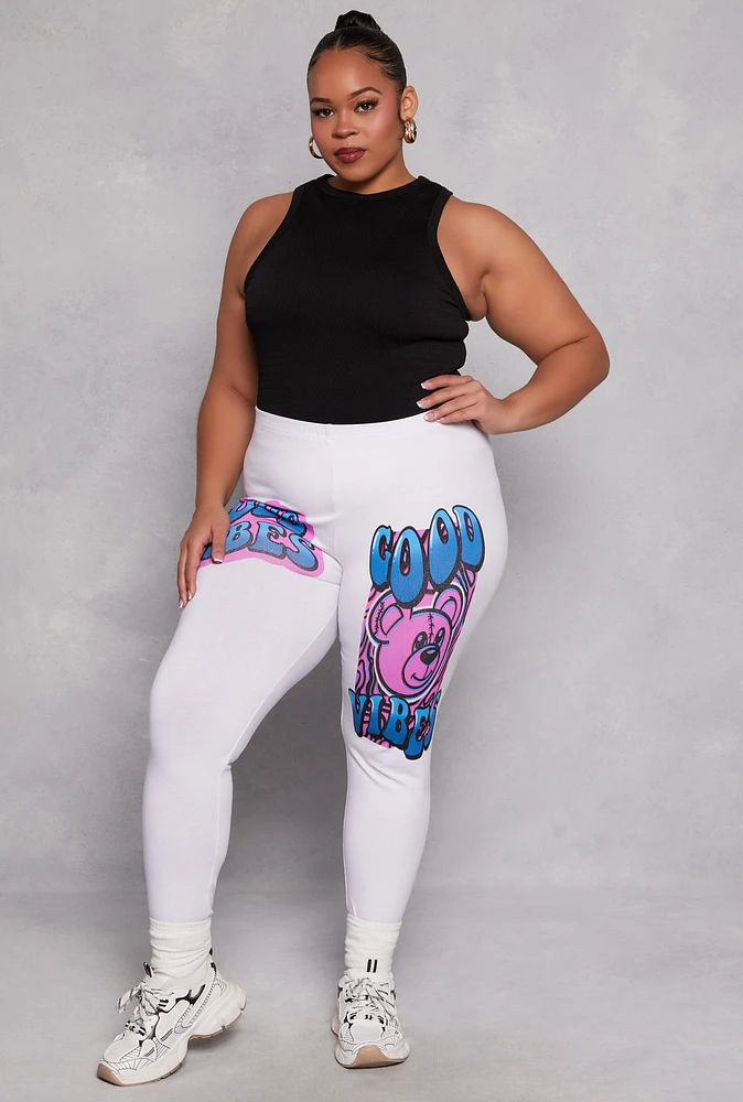 Womens Plus Size Good Vibes Bear Graphic Leggings, White, Size 2X