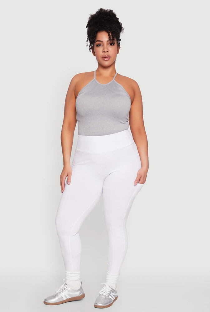Womens Plus Size Side Pocket High Waisted Leggings, White, Size 2X