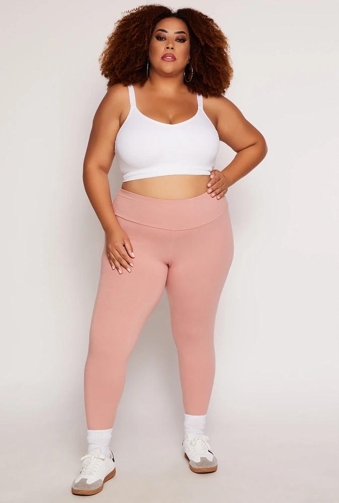 Womens Plus Size Basic Waistband High Waist Leggings, Pink, Size 1X