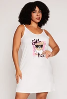 Womens Plus Size Girl Boss Graphic Cami Nightgown with Robe, White, Size 1X