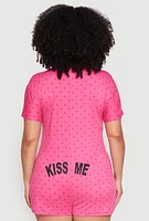 Womens Plus Size Kiss Me Pajama Romper, Pink, Size 1X