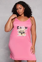 Womens Plus Cash Teddy Bear Graphic Cami Nightgown With Robe, Pink,