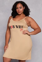 Womens Plus Size Mob Wife Graphic Cami Nightgown with Robe, Beige, Size 2X