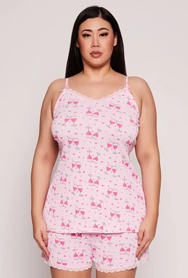 Womens Plus Wine Glass Graphic Pajama Cami and Shorts, Pink,