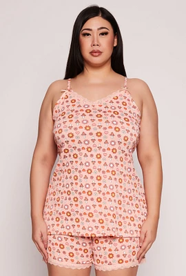 Womens Plus Ditsy Floral Mushroom Print Pajama Cami and Shorts, Orange,