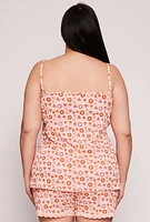 Womens Plus Size Ditsy Floral Mushroom Print Pajama Cami and Shorts, Orange, Size 2X