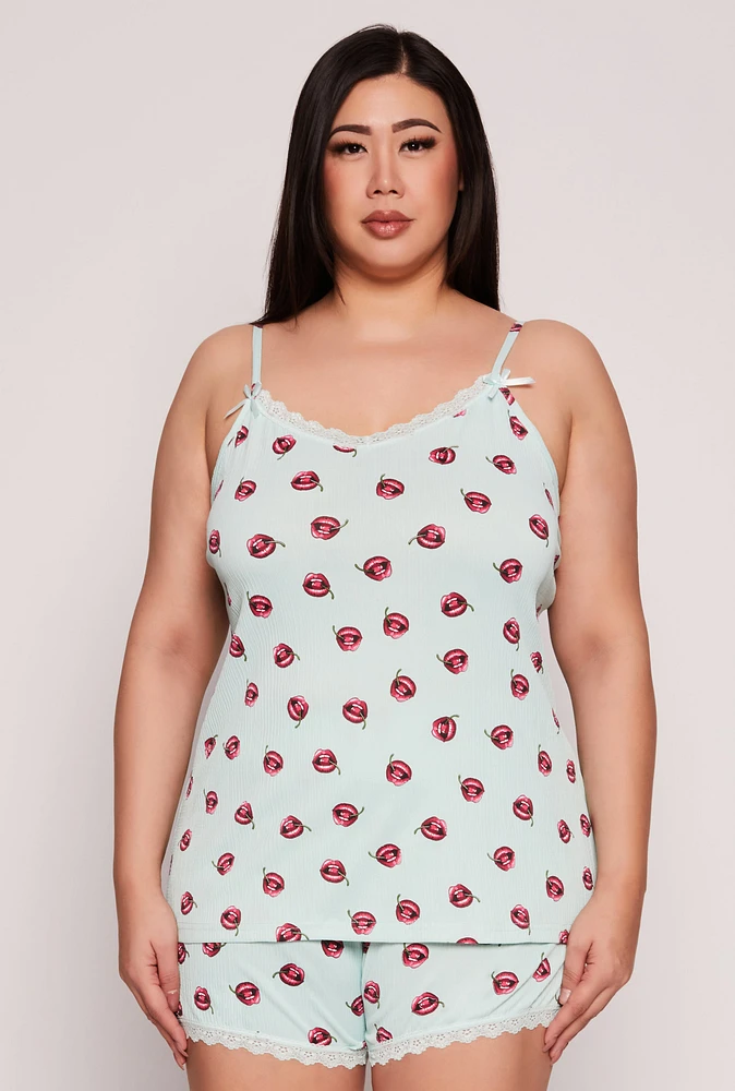 Womens Plus Size Cherry Lip Print Pajama Cami and Shorts, Green, Size 3X