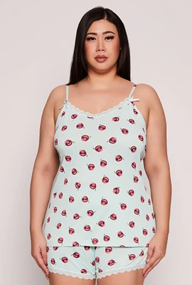 Womens Plus Size Cherry Lip Print Pajama Cami and Shorts, Green, Size 3X