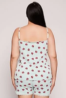 Womens Plus Size Cherry Lip Print Pajama Cami and Shorts, Green, Size 3X