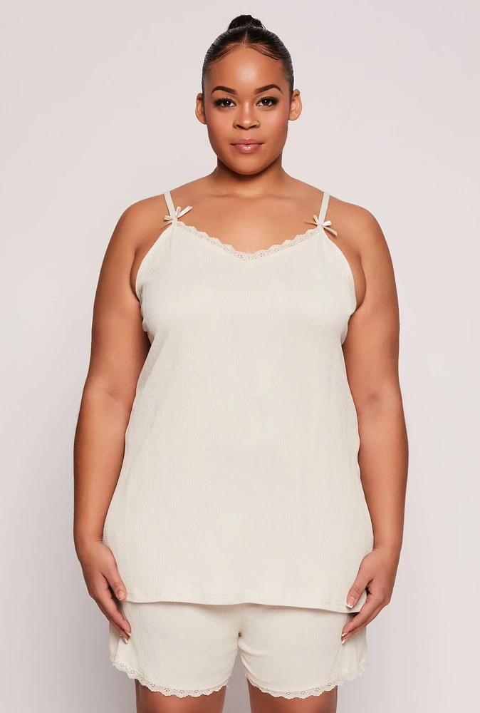 Womens Plus Size Lace Trim Pajama Cami and Shorts, Beige, Size 2X