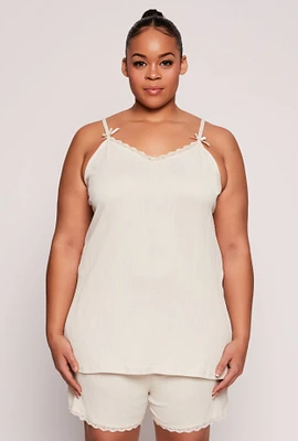 Womens Plus Size Lace Trim Pajama Cami and Shorts, Beige, Size 2X