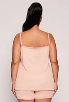 Womens Plus Size Lace Trim Pajama Cami and Shorts, Beige, Size 1X