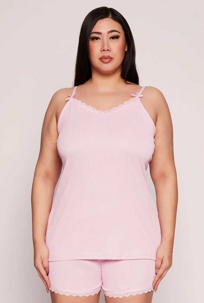 Womens Plus Size Lace Trim Pajama Cami and Shorts, Pink, Size 2X