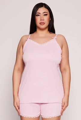 Womens Plus Size Lace Trim Pajama Cami and Shorts, Pink, Size 2X