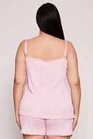 Womens Plus Size Lace Trim Pajama Cami and Shorts, Pink, Size 2X