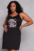 Womens Plus Size Play All Day Graphic Cami Nightgown with Robe, Black, Size 2X