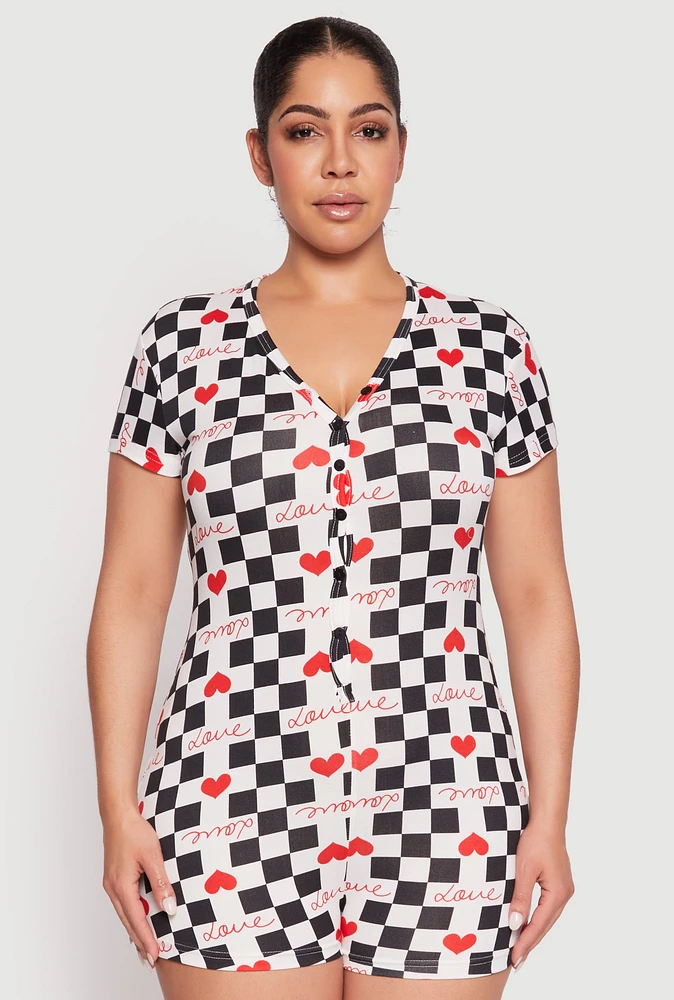 Womens Plus Size Love Heart Checkered Print Pajama Romper, Multi, Size 2X