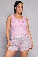 Womens Plus Size Candy Heart Pajama Tank Top and Shorts, Pink, Size 3X