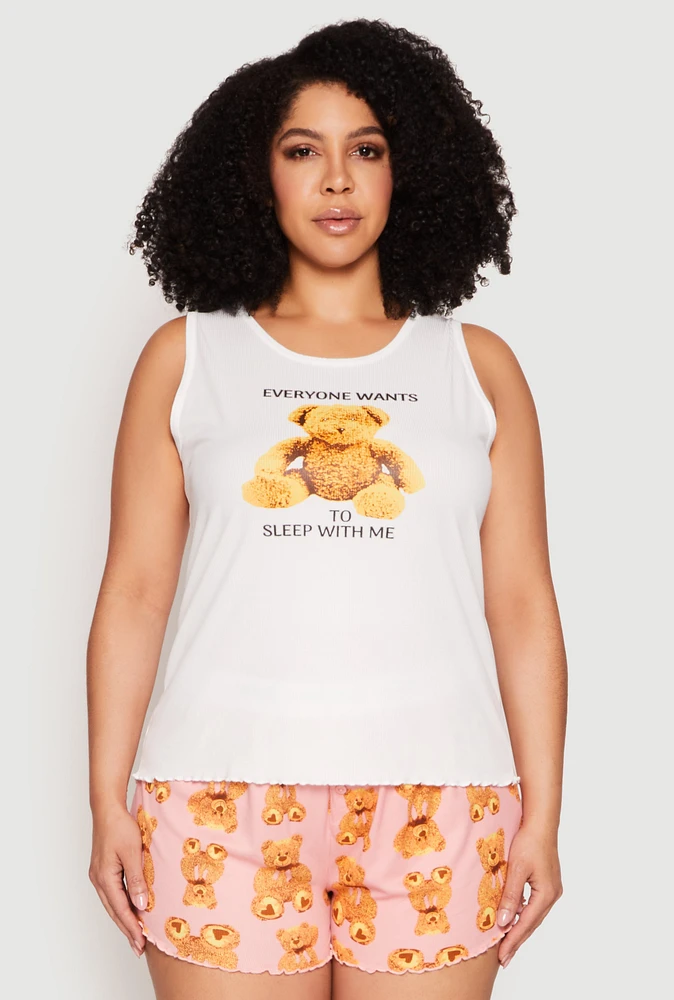 Womens Plus Size Teddy Bear Graphic Pajama Tank Top and Shorts, Multi, Size 3X