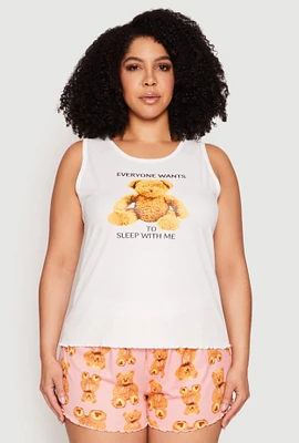 Womens Plus Size Teddy Bear Graphic Pajama Tank Top and Shorts, Multi, Size 3X