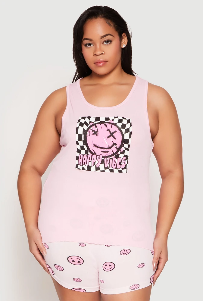 Womens Plus Smiley Graphic Pajama Tank Top and Shorts, Pink,