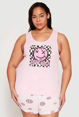 Womens Plus Smiley Graphic Pajama Tank Top and Shorts, Pink,
