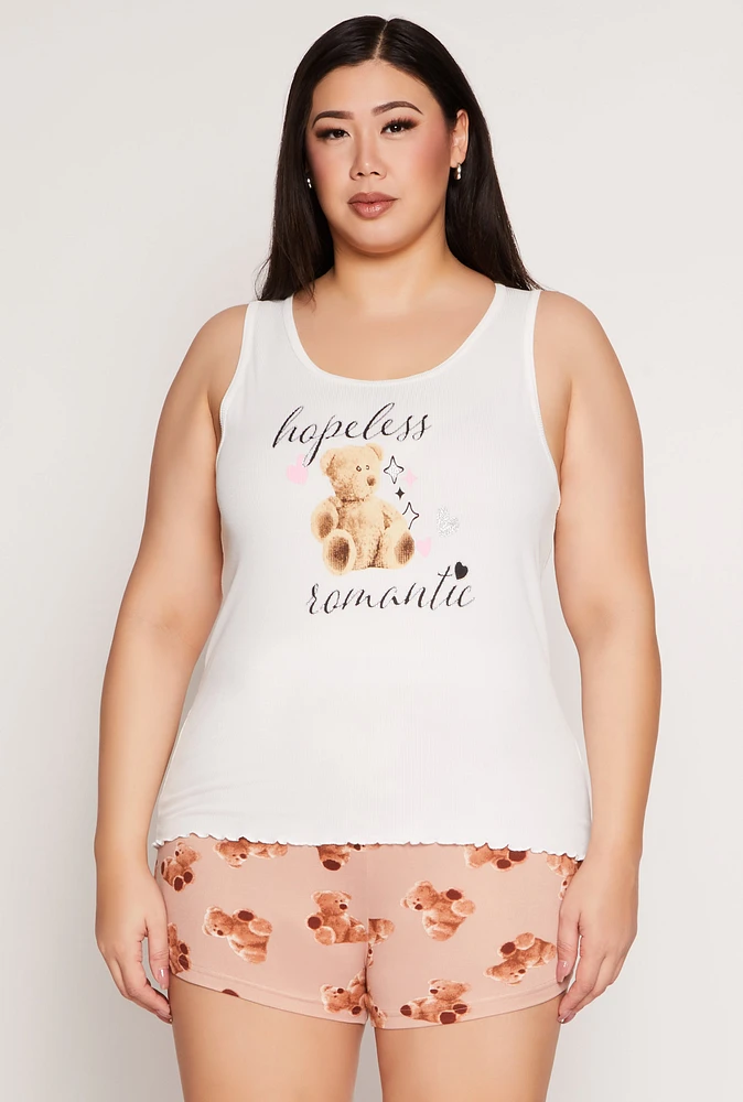 Womens Plus Size Hopeless Romantic Pajama Tank Top and Shorts, Multi, Size 3X