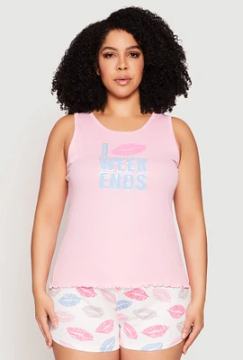 Womens Plus Graphic Pajama Tank Top and Lip Print Shorts, Pink,