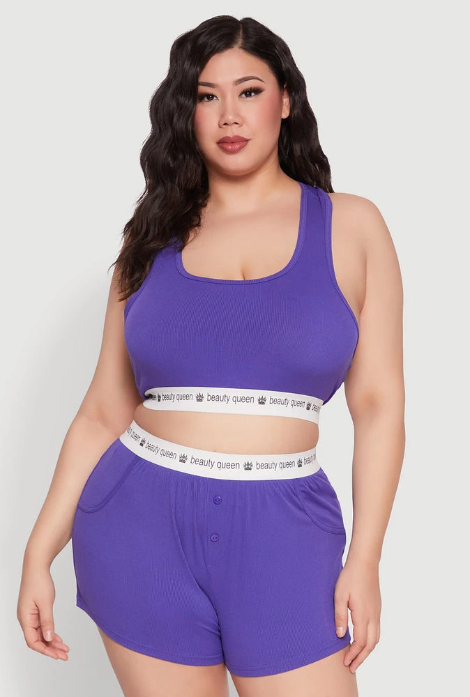 Womens Plus Size Beauty Queen Trim Pajama Tank Top and Shorts, Purple, Size 1X