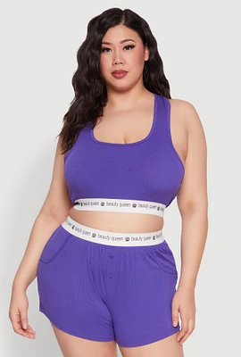 Womens Plus Size Beauty Queen Trim Pajama Tank Top and Shorts, Purple, Size 1X