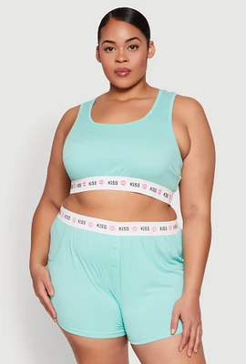 Womens Plus Size Kiss Trim Pajama Tank Top and Shorts, Blue, Size 2X