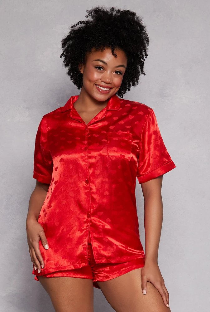 Womens Plus Size Satin Heart Print Pajama Shirt and Shorts, Red, Size 3X