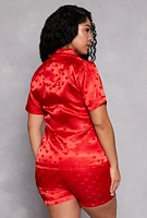 Womens Plus Size Satin Heart Print Pajama Shirt and Shorts, Red, Size 3X