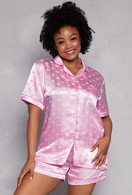 Womens Plus Satin Heart Print Pajama Shirt and Shorts, 1X