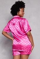 Womens Plus Size Satin Heart Print Pajama Shirt and Shorts, Pink, Size 1X