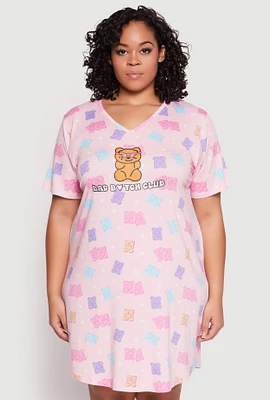 Womens Plus Size Gummy Bear Print Short Sleeve Sleepshirt, Pink, Size 1X