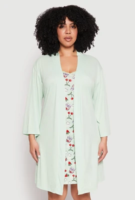 Womens Plus Graphic Print Lace Trim Nightgown and Robe, 1X